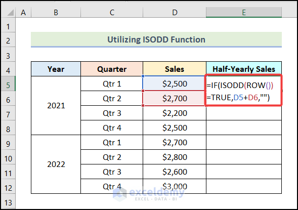 Using ISODD Function to apply formula in excel for alternate rows