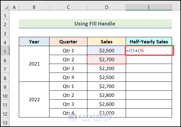 Using Fill Handle Option to apply formula in excel for alternate rows