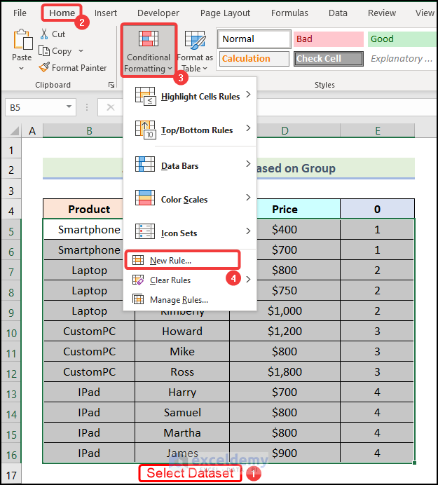 Using conditional formatting to to color alternate row in excel for alternate rows