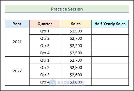 Practice section to apply formula in excel for alternate rows