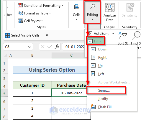 series option to autofill dates in excel without dragging