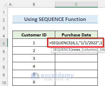 SEQUENCE function to autofill dates in excel without dragging