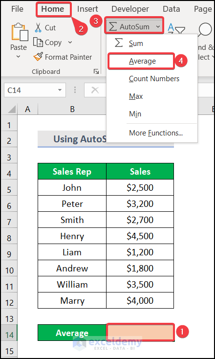Using AutoSum Feature to average numbers in Excel