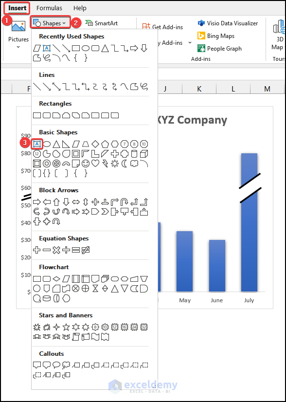 Inserting and Formatting Text Boxes to Add Label to break axis scale in excel