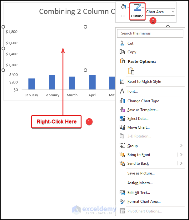 Formatting the Combined Column Charts to break axis scale in excel