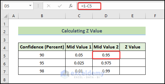 determine z value to Calculate 95 Percent Confidence Interval in Excel 