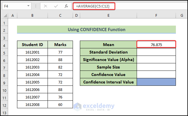 calculate mean to Calculate 95 Percent Confidence Interval in Excel 