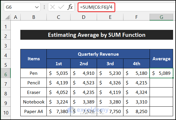 Using SUM Function to Calculate Average Quarterly Revenue