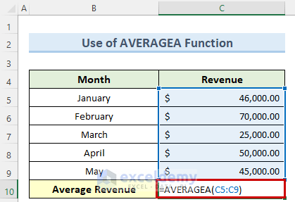 averagea function to calculate average revenue in excel
