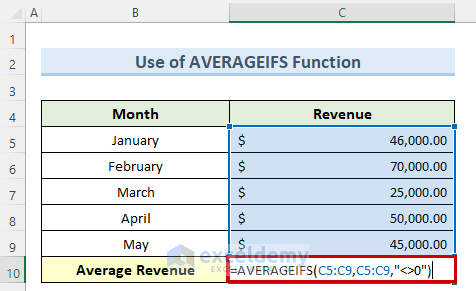 averageifs function to calculate average revenue in excel