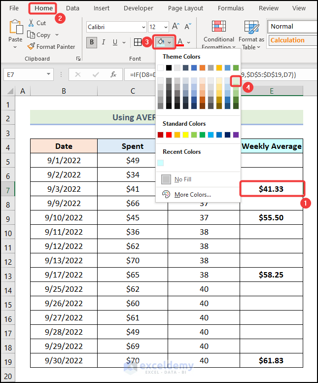 Using Fill Color for Weekly Average in Excel