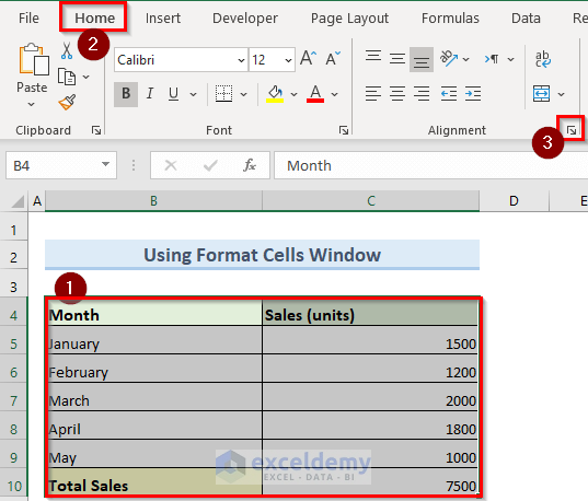opening format cells window to center align in excel