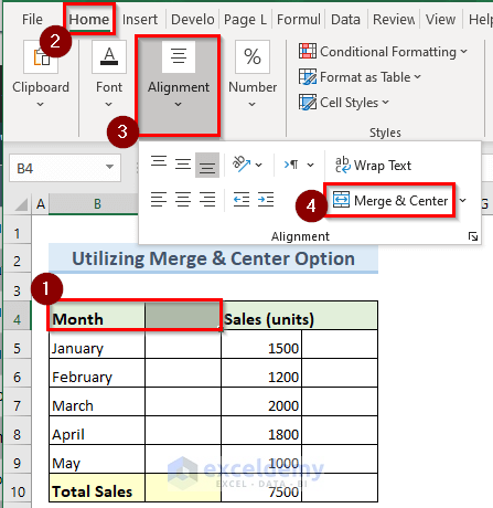 merge & center option to center align in excel