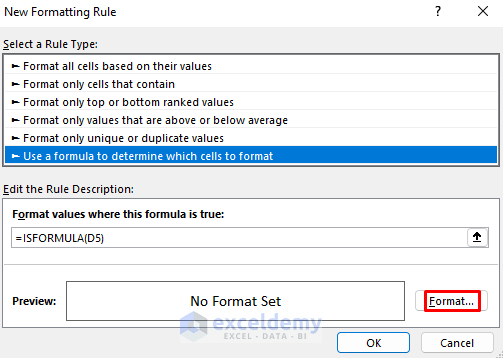 criteria formula New Formatting Rule dialog box