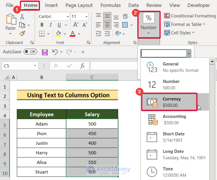 inserting currency format to convert text to currency in excel