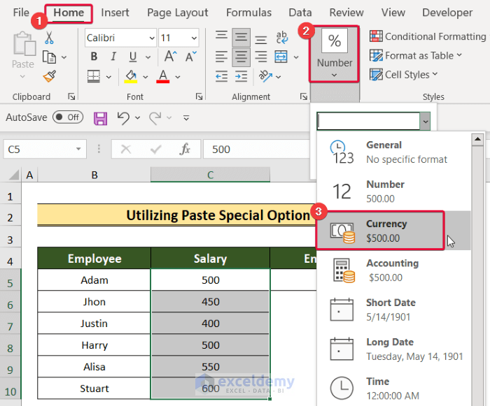 applying currency format to convert text to currency in excel