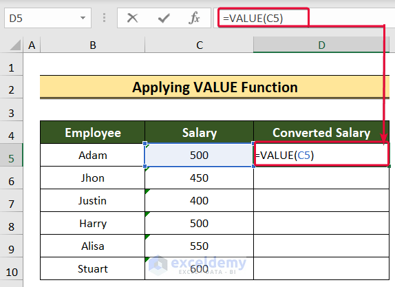 applying the value function to convert text to currency in excel