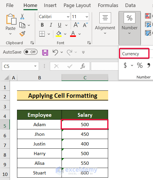 applying cell formatting to convert text to currency in excel