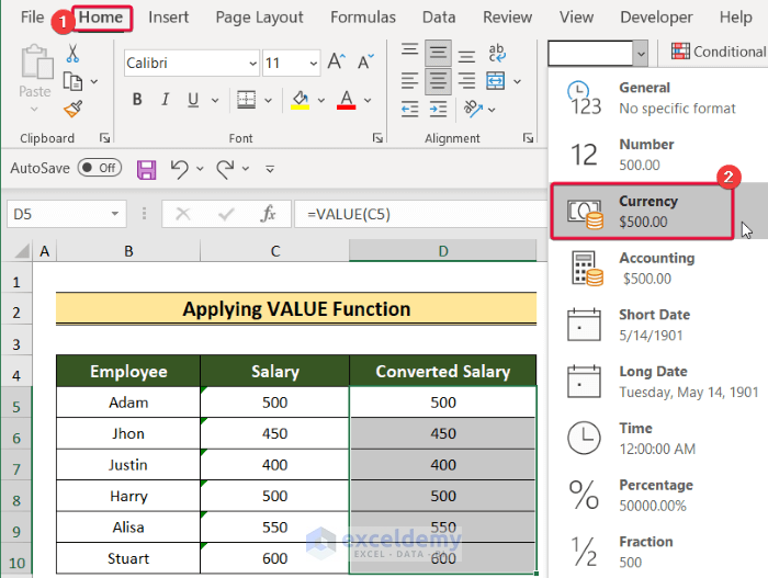 implementing currency format to convert text to currency in excel