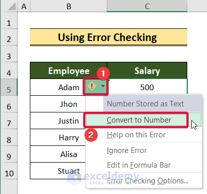 using error checking to convert text to currency in excel