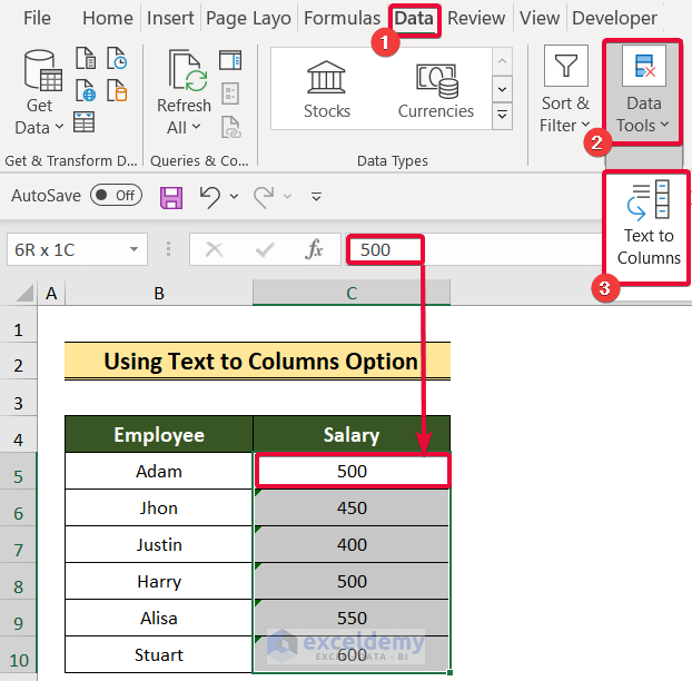 applying text to columns option to convert text to currency in excel