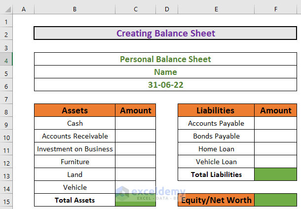 Preparing balance sheet to create a personal financial statement in excel