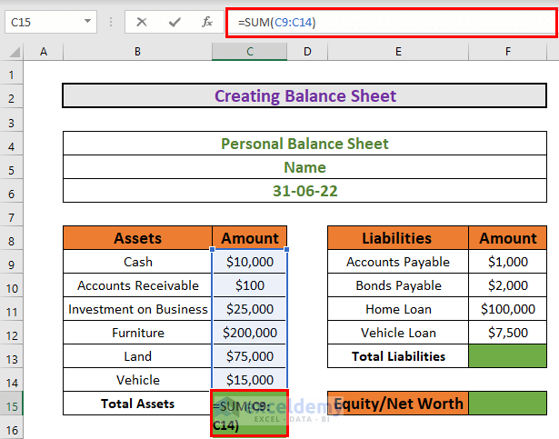 Preparing balance sheet to create a personal financial statement in excel