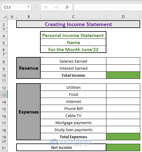 Preparing income statement to create a personal financial statement in excel