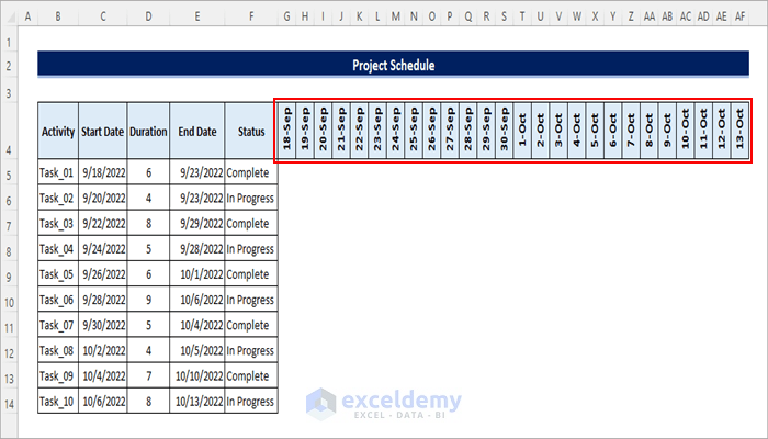 enter dates from start to end of the project