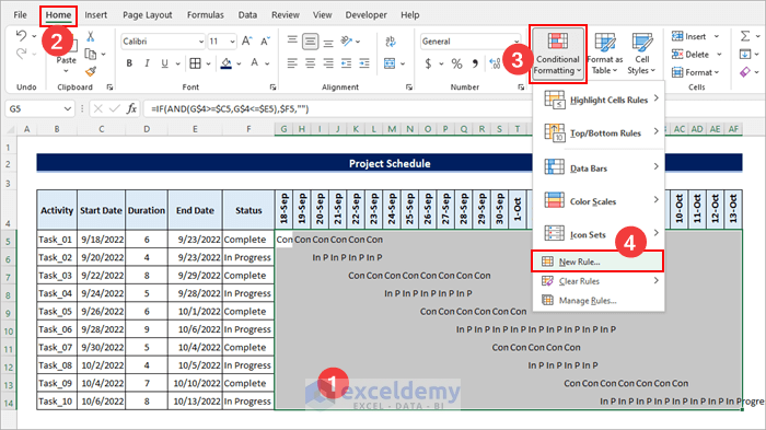 Excel Conditional Formatting to Create Project Schedule