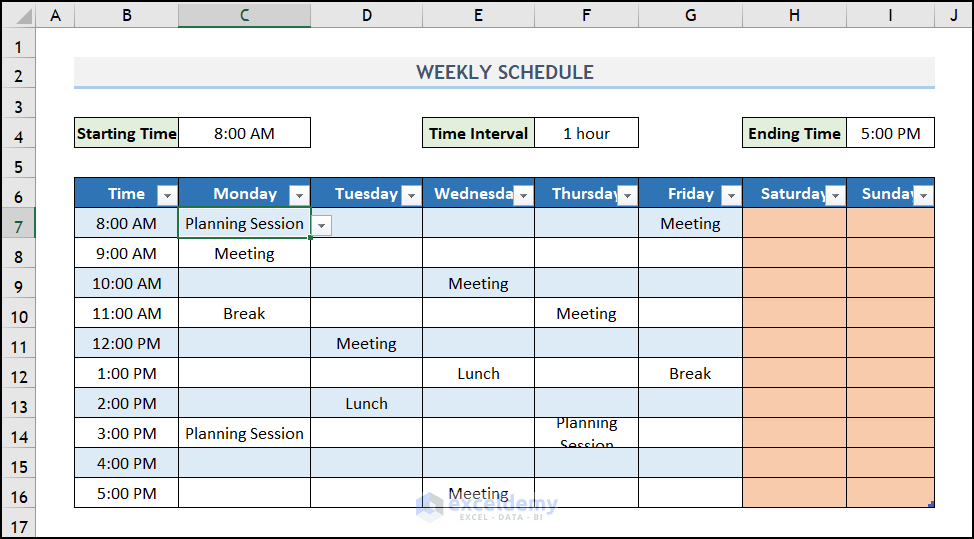 Created weekly schedule in Excel
