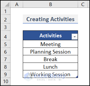 Creating Activities List to create weekly schedule in Excel