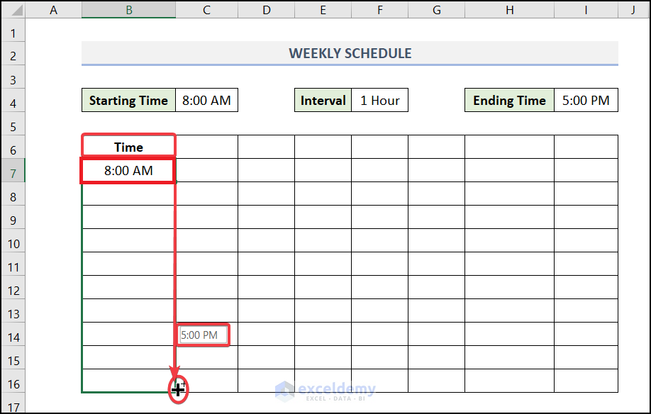 Enter Necessary Time and Name of Day to create weekly schedule in Excel