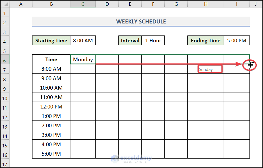 Enter Necessary Time and Name of Day to create weekly schedule in Excel