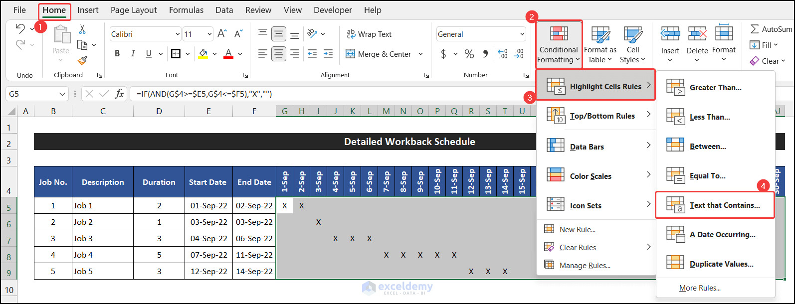 Applying conditional formatting to get the desired cell color in the workback schedule report