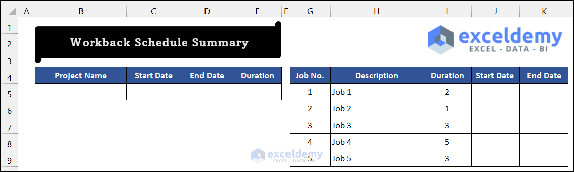 Input Sample Dataset to Create a Workback Schedule