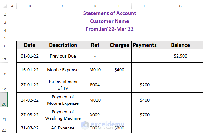 Transactions for account statement