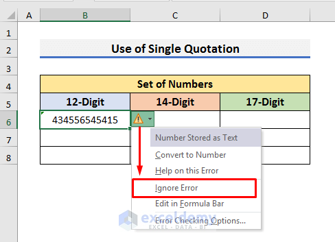 Show Long Numbers Using Single Quotation in Excel