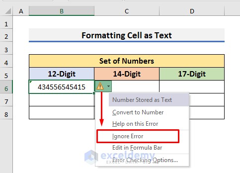 Format Cell as Text to Display Long Numbers in Excel