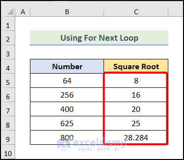 final output of method 3 to find square root in excel vba