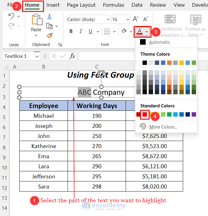 using font color to highlight text in excel text box
