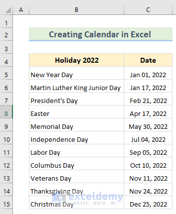 Holidays List to Make a Calendar in Excel Without Template