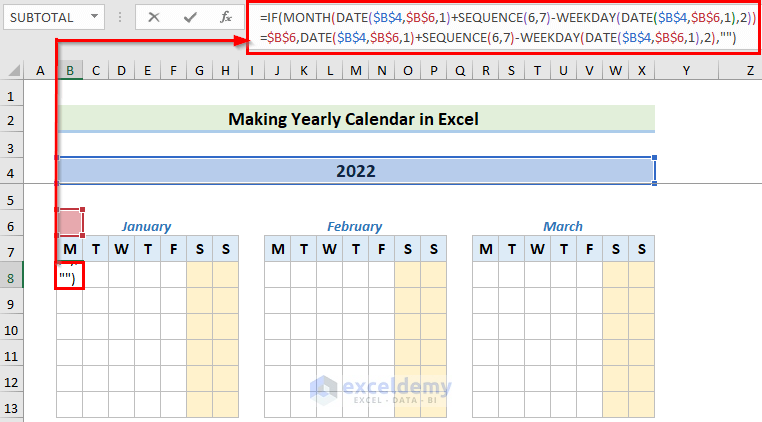 Inserting Formula to Make a Calendar in Excel Without Template