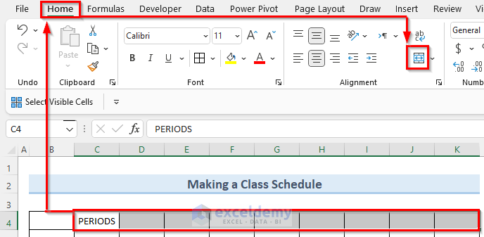 merging title to make a class schedule on excel