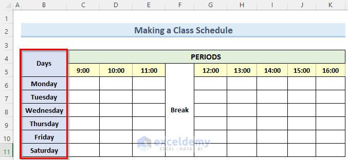 adding days to make a class schedule on excel