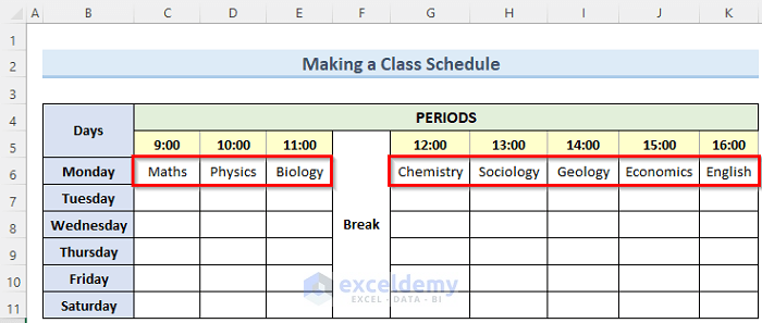 subjects to make a class schedule on excel