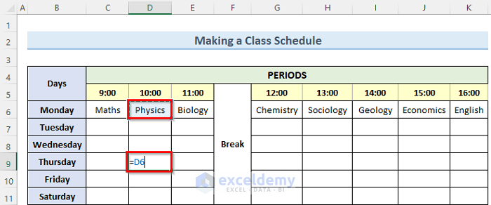 duplicating subject to make a class schedule on excel