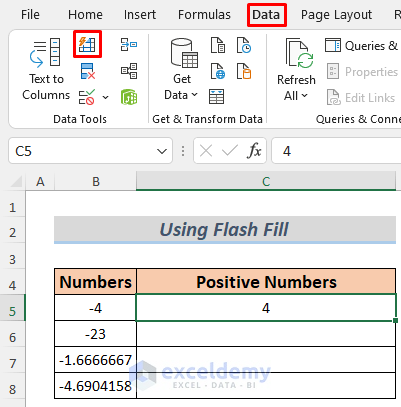 Make Numbers Positive Using Flash Fill