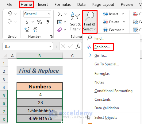 Applying Find & Replace Feature to Make Numbers Positive