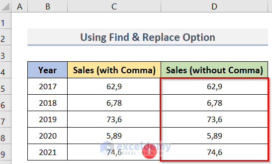 Convert Comma into Decimal Point in Excel Using Find and Replace Option